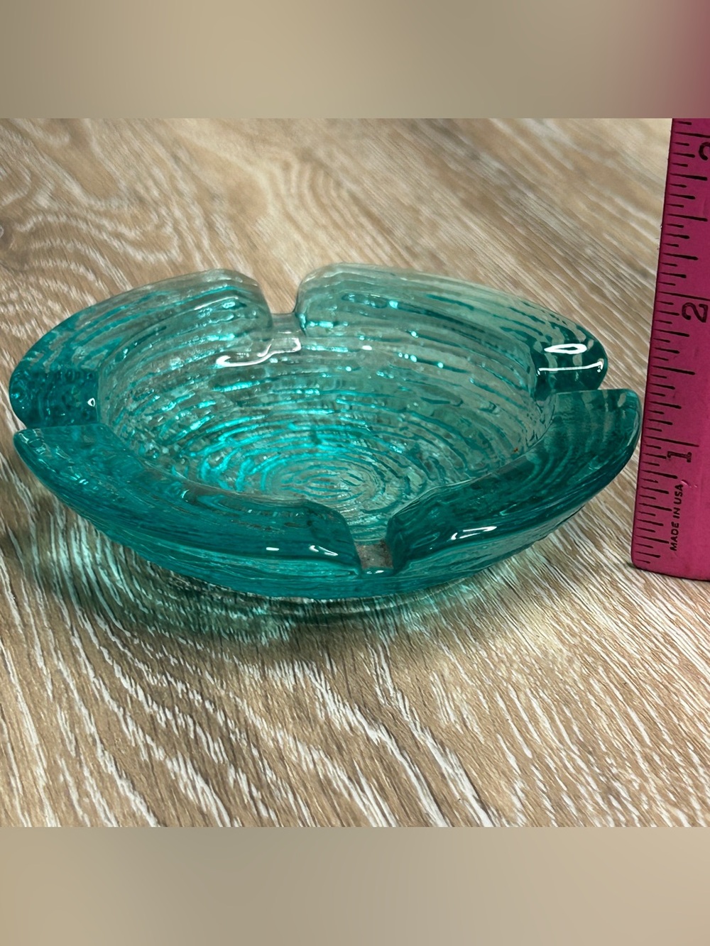 Vintage MCM Teal Aqua Heavy Glass Ashtray Catchall Trinket Dish Ripple Bark 4.5” - Picture 2 of 9
